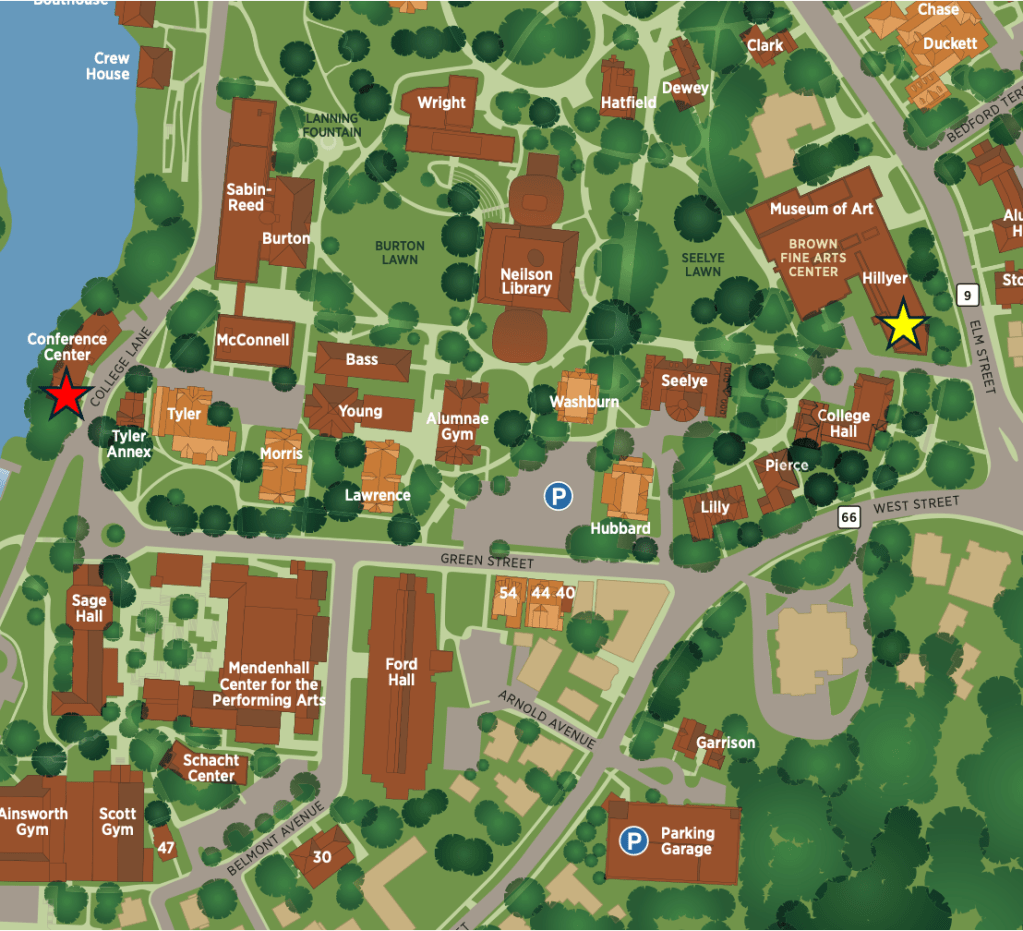 Map of the campus of Smith College, marking the location of Hillyer Hall with a yellow star