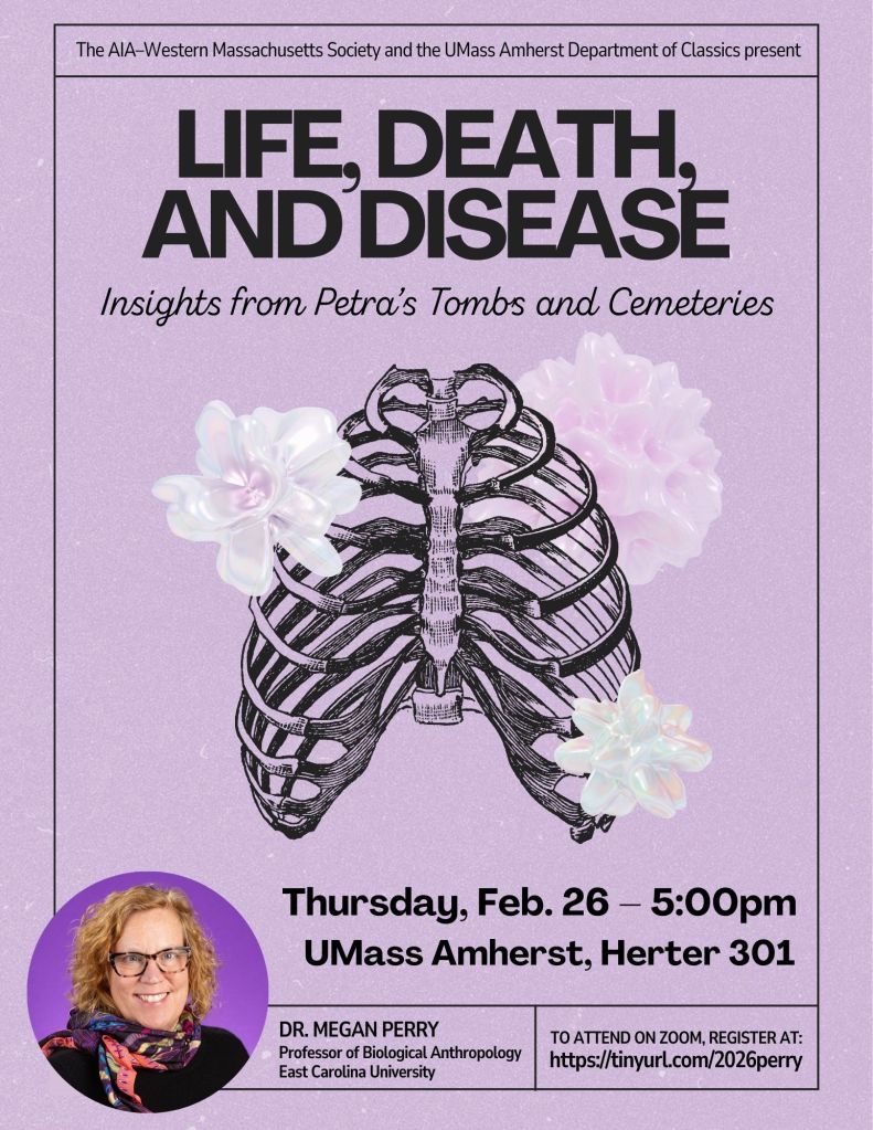 Text advertising the lecture title, lecturer, and location details, with a photo of Dr. Perry on a background showing a stylized rib cage with flowers.