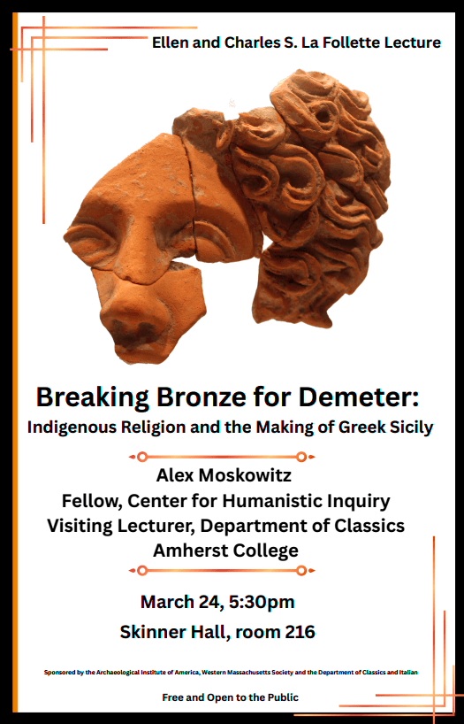 Text advertising the lecture title, lecturer, and location details, with a photo of a fragment of a statue head
