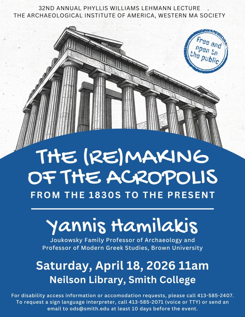 Text advertising the lecture title, lecturer, and location details, with a stylized photo of the Parthenon that looks like a draft sketch