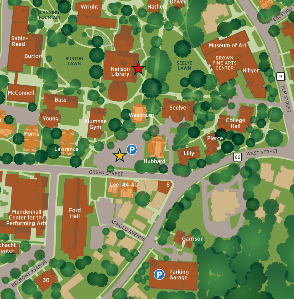 Map of the campus of Smith College, marking the location of Neilson Library with a red star and the Dickinson parking lot off Green Street with a yellow star