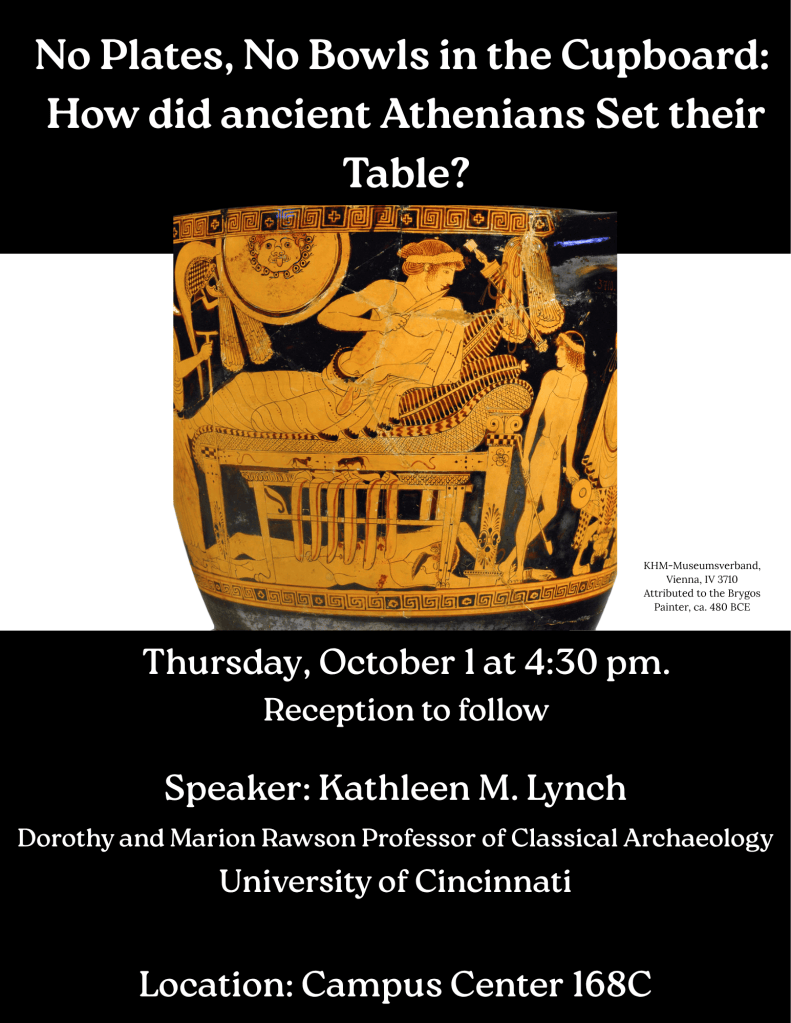 Flyer advertising the talk by Kathleen M. Lynch on Thursday, October 1 at 4:30pm in the Campus Center 168C at UMass Amherst. An Athenian black-glaze vessel is in the center, showing a figure reclining on a bed holding a dagger.
